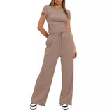 Fongt Suit Folding 2025 New Solid Short-Sleeved Top High-Rise Broad Leg Pants Sportswear