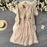 Fongt And Winter Small Fragrant Style Set Of Women's Short Cardigan Coat + Sling Net Yarn Dress Two Sets