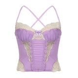 Spring And Summer New Products Perspective Sexy Gentle Net Lace Splicing Color Bow Tie Halter Vest Girl-Outfit