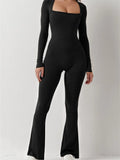 Women Jumpsuits Solid Long Sleeve Square Neck Low Cut Solid Slim Fit Autumn Rompers Flared Long Pants Streetwear 2023-Outfit
