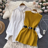Light Luxury Ladies Dress Set Women's Loose Long-sleeved White Shirt Top + Slit Knitted Vest Vest Two-piece Set-Outfit