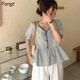 Women Short Sleeve Blouses V-neck Fashionable Plaid Loose Korean Style Cozy S-3XL Students Summer Tops Designer All-match