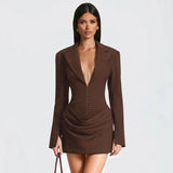 Fongt Women's Autumn And Winter New Temperament Solid Color V Collar Folding Waist Suit Dress