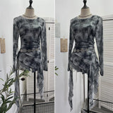 Fongt Print Double-Layer Mesh Long-Sleeved Top Design Feel Irregular Ribbon-Up T-Shirt 99981