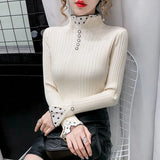 Women's Turtleneck Dot Print Lace Ruffle Pullover Women's Trumpet Sleeve Top Solid Knitwear Trend Sweater Autumn