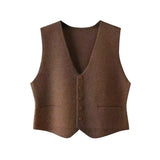 Fashion Solid Color Soft Suit Knitted Vest Women's Spring Soft Suit Autumn V Collar Single-Breasted Buckle-Outfit