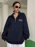 Fongt Women's Casual Half-Zip Embroidery Loose Long-Sleeved Eds