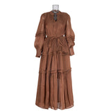 Fongt Temperament Dress 2025 New V-Neck Lantern Sleeves Folded Long Silk Dress Dress