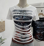 Fongt Rock Gothic 2025 Summer Dress Hole Design Feel Short-Sleeved Printed T-Shirt 26961