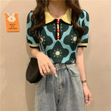 Women Puff Short Sleeve Printed Flowers Sweaters Shirts Polo Collar Cropped Thin Sweater Pullover Crop Top For Female-Outfit