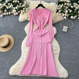 Fongt Small Fragrant High-Grade Metal Buckle Waist Dress Women 2025 Autumn Thin Temperament Hollow Knitted Long Dress