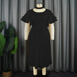 Fongt Casual Comfort Hollow Collar Folding Skirt Elegant Style Level Feel Horn Sleeve Dress Dress Dress