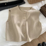 Fongt Line Single Row Small Gold Button Round Collar Knitted Vest Cardigan Woman Sleeveless Shoulder Vest Top