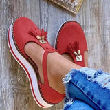 New Women Summer Sandals Fashion Buckle Strap Solid Fringe Cover Heel Flat Platform Heel Casual Ladies Plus Size