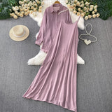 Fongt Wind Leisure Two Sets Of Women Loose Outside Thin Long-Sleeved Shirt Cover Skinny Sling Dress