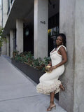 Fongt Autumn And Winter Hand-Woven Jasmine Rope Shoulder Strap Bag Hip Tuxedo Dress Tweed Long Dress LX0104