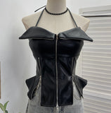 Fongt Shoot Hottie Hanging Neck Zipper Open Fork Sling Vest Pu Skin Bra Repair Short Sleeveless Top 8112
