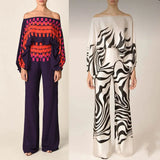 Fongt 2025 New Set Women's Printed Round-Neck Loose Bat Sleeves Wide Leg Trousers Fashion Set