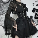 Vertical Collar Lace Splicing Strap Burnt Cuff Blouse Dark Wind Short Style Perspective Blouse Girl-Outfit