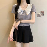 Fongt Bow Hit Color Doll Cardigan Knitted Women's Summer Little Yang Short