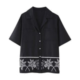 Fongt Summer New Women's Collar Short-Sleeved Embroidered Shirt Tight High-Rise Straight Trouser Set High-Waist Design