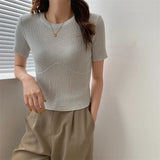 Fongt White Knitted Bottom T-Shirt Hottie New Ice Silk Short-Sleeved Woman Design Slim Short Thin