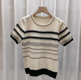 Fongt Version Of Chic Summer Small Casual Round-Coln Color Three-Dimensional Stripe Design Sense Loose Short-Sleeved Knitted T-Shirt