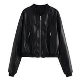 Fongt Temperament Casual Spring New Retro Collar Locomotive PU Imitation Leather Bomber Jacket Jacket