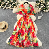 Fongt Summer Dress New Female High-End Feel Strapped Belt V Collar Horn Sleeves Thin Temperament Print Chiffon Dress