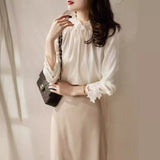 Fongt Spring Long-Sleeved Shirt Elegant Temperament Loose Wooden Ear Collar Loose French Silk Silk Top Woman