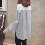 Striped Patchwork Split Shirt Korean Loose Spring Autumn Long Sleeve Female Clothing Casual Printed Round Neck Blouse-Outfit