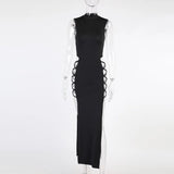 Fongt Knitted Strap Open Dress Women Women's Summer Black Sexy Dew Temperament Long