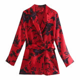 Floral Printing Tailored Collar Sashes Red Shirts Female Long Sleeve Blouses Casual Lady Loose Tops Blusas