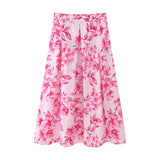 Spring Flower Print Shirt Flower Print Fan Flute Skirt 7484067 Set-Outfit
