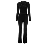 Fongt Women's Spring New Long-Sleeved Lace V-Neck Blouse High-Waisted Trouser Casual
