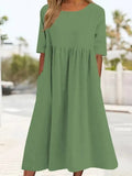 Fongt Cotton-Sleeved Short-Sleeved Pocket Folded Loose Round-Neck Dress In Summer
