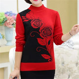 Autumn Winter Middle-aged Women Knit Sweater Print Pullover Turtlenecks Fleece Liner Warm Tops Mother Sweaters Base