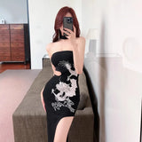 Fongt Cheongsam-Style Collared Dress Dragon-Patrowed Collar Party Print Open Fork Long Dress Woman