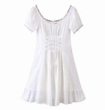 Retro Stitching Wood ears Lace Cross Lacing up Short Sleeve Short Dress Woman White French Mini Dresses
