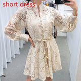 Quality 2022 Autumn Runway Long Dress Women Single-breasted Lantern Sleeves Hollow Embroidered Lace Sashes