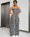 Fongt Women's Denim Cloth Jumpsuit Women's Fashion Babes Breasts Multi-Pocket Work Pants