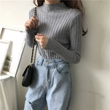 Fongt Winter Half-High Sweater Women Long Sleeve Pure Color Spring And Autumn Pit Stripe Loose Knitted Bottom