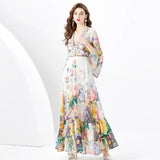 Fongt Retro Court Style Dress Female Design Horn Sleeves Long Chiffon Leaf-Side Skirt