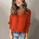 Fongt 2025 New Lace V-Necked Jacket Sweater Lady Loose Long-Sleeved Solid-Colored Sweater