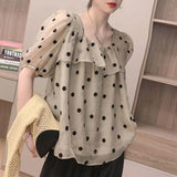Sweet Polka Dot Printed Shirt Women's Elegant Square Collar Ruffles Spliced Loose Casual Puff Sleeve Drawstring Blouse-Outfit