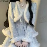 Style Elegant Tweed Plaid Dress Sets Women Plush Patchwork Short Woolen Jackets Sexy Bow Mini Skirt Japanese Fashion Suit-Outfit
