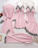Simulation Silk Pajamas Lingerie Five-Piece Set Slings Sexy Lady Bathrobe Home Clothes