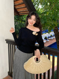 Fongt Xixi 2025 Spring New Ins Temperament Shoulder Wool Bottom Shirt Long-Sleeved Knitwear Women's Top 25149