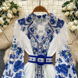 Fongt Spring Dress New Dress Women 2025 Fashion Suit Collar Long Sleeves To Roll Print A-Word Skirt
