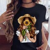 Women Sunflower Girl Printed T